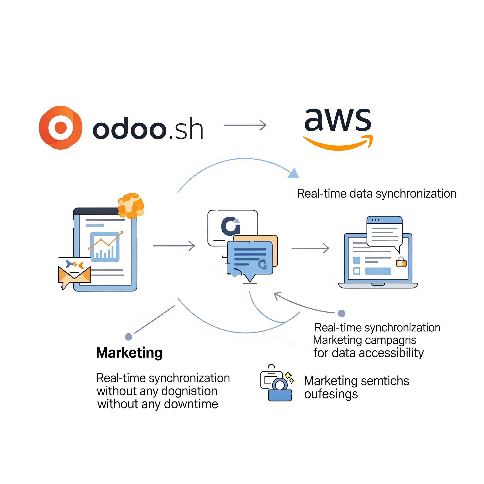 Diagrama del proceso de migración sin downtime de Odoo.sh a AWS mostrando sincronización en tiempo real